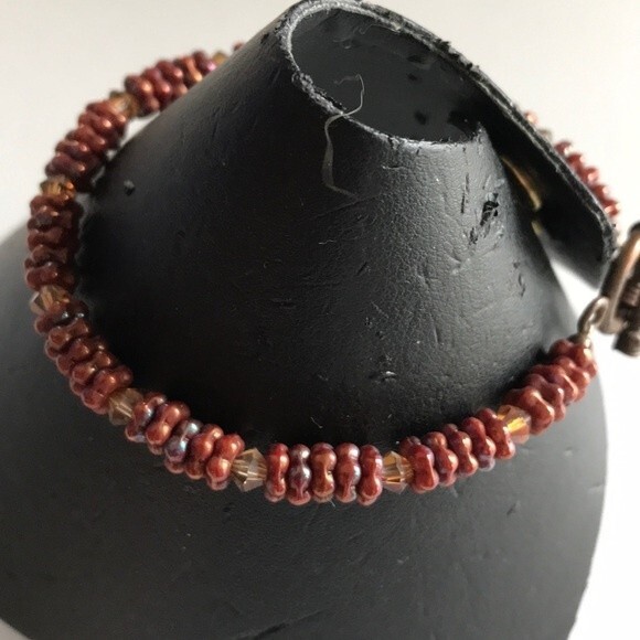 Vintage Handmade Copper Swarovski Crystal Bracelet Toggle Clasp 7.5 Inch - Picture 2 of 8